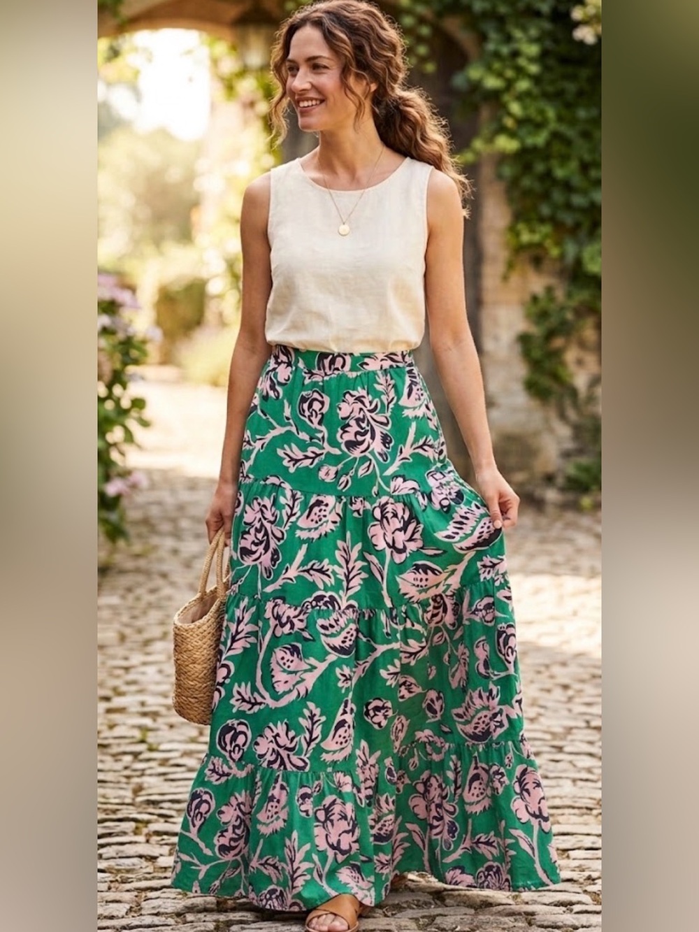 Boden Green Pink Floral Tiered Maxi Skirt 100% Cotton side pockets, cottagecore